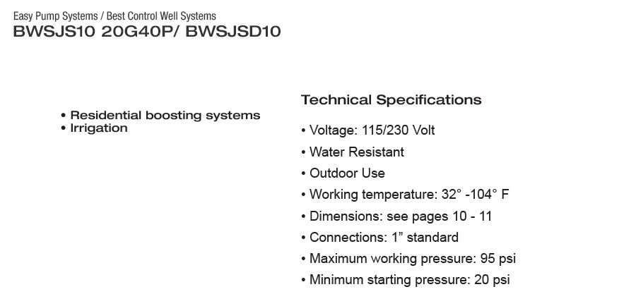 BEST CONTROL WELL SYSTEM- BWSJS10 20G40P - EASY PUMP SYSTEMS - 20 GPM  3