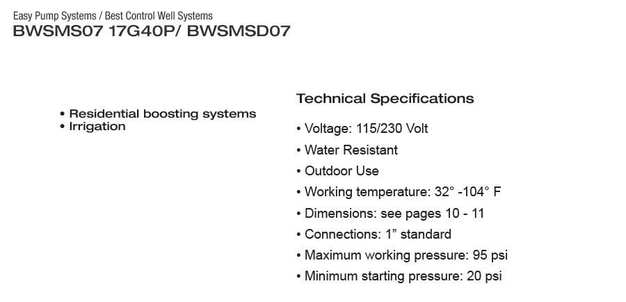 BEST CONTROL WELL SYSTEM - BWSMS07 17G40P - A EASY PUMP SYSTEMS - 17 GPM  2  3