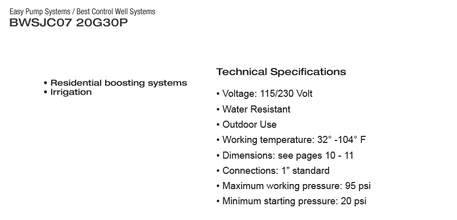 BEST CONTROL WELL SYSTEM - BWSJC07 20G30P - A EASY PUMP SYSTEMS - 20 GPM  2  3