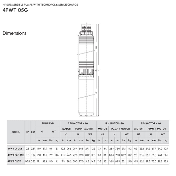 4″ Submersible Pump with Technopolymer Discharge Model 4PWT05G