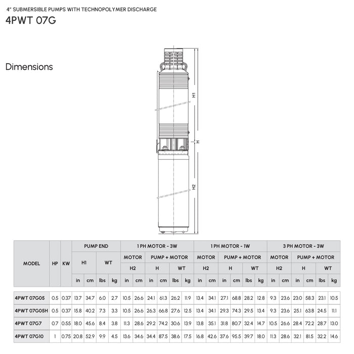 4″ Submersible Pump with Technopolymer Discharge Model 4PWT07G