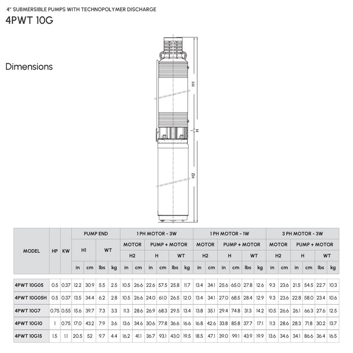 4″ Submersible Pump with Technopolymer Discharge Model 4PWT10G