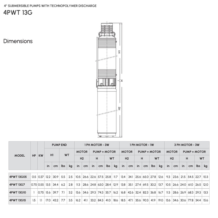 4″ Submersible Pump with Technopolymer Discharge Model 4PWT13G