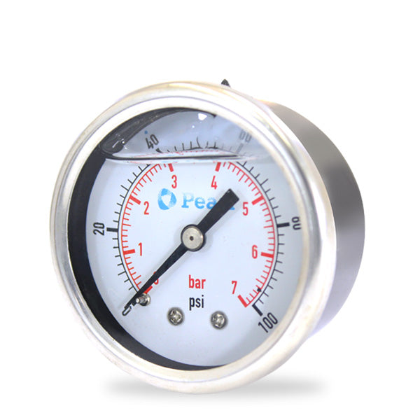 Pearl Pressure Gauge liquid Filled, Stainless Steel or Metal Casing, Back Mount